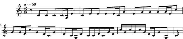 
\header {
 tagline = ##f
}

\score {
 \new Staff \with {

 }
<<
 \relative c' {
 \key c \major
 \time 6/8
 \override TupletBracket #'bracket-visibility = ##f 
 %\autoBeamOff
 \tempo 4. = 56
 \set Staff.midiInstrument = #"trumpet"
 %%%%%%%%%%%%%%%%%%%%%%%%%% BWV 31a
 r8 c8 c c c16 g e'8 
 c8 e e e e16 c g'8 
 e g g g g16 e c'8 
 g g16 e c'8 g e16 c g'8 
 e c16 g e'8 c16 c e c g' e 
 c' g c g c g e c g'8 g, c

 }
>>
 \layout {
 \context {
 \remove "Metronome_mark_engraver" 
 }
 }
 \midi {}
}
