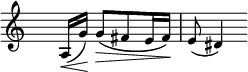 
\language "italiano"
melody = \relative do' {
  \clef treble
  \key do \major
  \time 2/4
  \override Staff.TimeSignature.transparent = ##t
    la16_\<([ sol')\!] sol8[\(_\> fad mi16 fad]\!\) | mi8( red4)
}
\score {
  <<
    \new Voice = "mel"
    {  \melody }
  >>
  \layout {
    \context { \Staff \RemoveEmptyStaves }
    indent = 0.0\cm
    \override Score.BarNumber #'stencil = ##f
    line-width = #120
    \set fontSize = #-1
  }
}
\header { tagline = ##f}