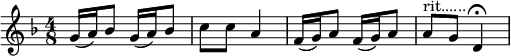 \\relative c' {\\time 4/8 \\key f \\major g'16 (a) bes8 g16 (a) bes8 c c a4 f16 (g) a8 f16 (g) a8 a^"rit......" g d4\\fermata}