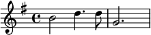 \relative c''{\set Staff.midiInstrument = #"harfa orkiestrowa" \once \hide Score.MetronomeMark \tempo 2 = 120 \key g \major b2 d4.  d8g,2.  \pomiń4}