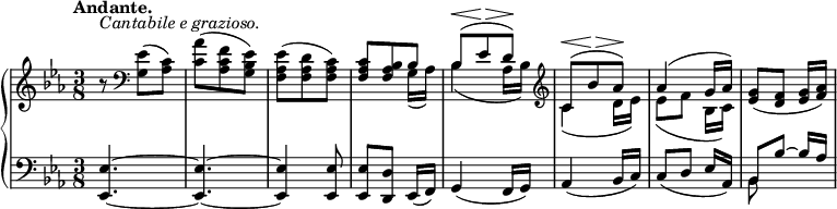 
\relative c' {
 \new PianoStaff <<
  \new Staff {
   \key es \major \time 3/8 \set Score.tempoHideNote = ##t \tempo "Andante." 4=33
   r8^\markup { \italic { Cantabile e grazioso. } } \clef bass <es g,>( <c aes>)
   <aes' c,>( <f c aes> <es bes g>) <es aes, f>( <d aes f> <c aes f>)
   <<
    {
     <c aes f> <bes aes f> bes bes^\< ( es^\> d\! ) \clef treble
     c^\< ( bes'^\> aes\! ) aes4( g16 aes)
    }
   \\
    { s4 g,16( aes) bes4( aes16 bes) c4( d16 es) es8( [ f] bes,16 c) }
   >>
   <g' es>8( [ <f d>] <g es>16 <aes f>)
  }
  \new Staff { \key es \major \time 3/8 \clef bass
   <es, es,>4.~ q~ q4 q8 q[ <d d,>] es,16( f) g4( f16 g) aes4( bes16 c)
   c8( [ d] es16 aes,) << { bes8[ bes'] ~  bes16 aes } \\ { bes,8 s s } >>
  }
 >>
}
