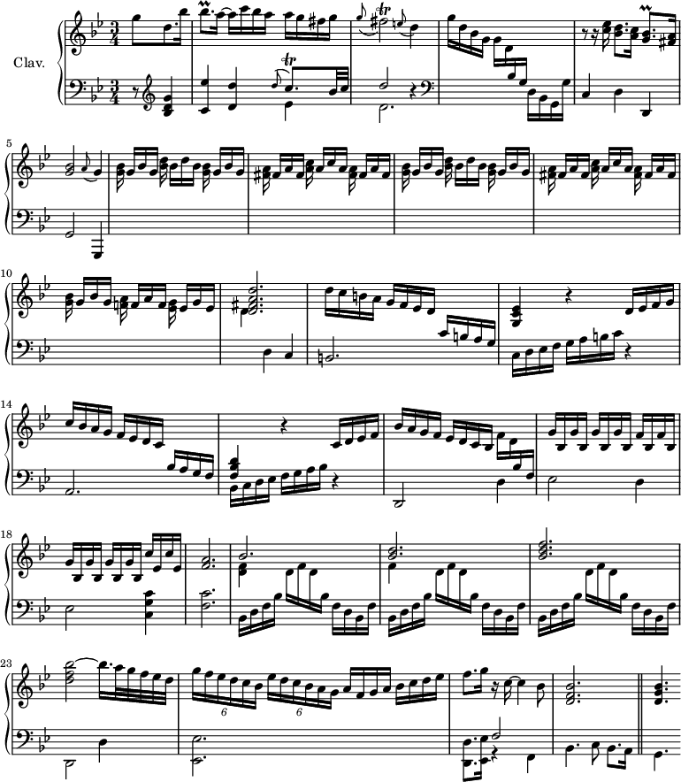 \version "2.18.2"\header {  tagline = ##f  % composer = "Jean-Philippe Rameau"  % opus = "La Dauphine"}%% les petites notestrillBesqp     = { \tag #'print { bes8.\prall } \tag #'midi { \times 2/3 { bes32 c bes~ } bes8 } }trillCqp       = { \tag #'print { c8.\trill } \tag #'midi { d32 c d c~ c16 } }trillFisb      = { \tag #'print { fis2\trill } \tag #'midi { \repeat unfold 2 { g32 fis g fis~ } fis4 } }appoED         = { \tag #'print { \appoggiatura e8 d4 } \tag #'midi { e8   \tempo 4 = 60 d8   \tempo 4 = 96 } }appoAG         = { \tag #'print { \appoggiatura a8 g4 } \tag #'midi { a8   \tempo 4 = 60 g8   \tempo 4 = 96 } }trillGBqp      = { \tag #'print { < g bes >8.\prall } \tag #'midi { << { \times 2/3 { bes32 c bes~ } bes8 } \\ { g8. } >> } }upper = \relative c'' {  \clef treble   \key g \minor  \time 3/4  %\override Staff.TimeSignature.style = #'single-digit  \tempo 4 = 96      \partial 4. g'8[ d8. bes'16] | \trillBesqp a16~ a c bes a a g fis g | \appoggiatura g8 \trillFisb \appoED | g16 d bes g g d  \stemUp  \change Staff = "lower"  bes g s4 \stemNeutral   \change Staff = "upper" |      % ms. 5      r8 r16 < c' ees >16 < bes d >8. < a c >16 \trillGBqp < fis a >16 | < g bes >2 \appoAG |      \repeat unfold 2 { s16 g16 bes g s16 bes16 d bes s16 g16 bes g | s16 fis a fis s16 a16 c a s16 fis a fis } |      % ms. 10      s16 g16 bes g  s16 f a f s16 ees g ees | < d fis a d >2. | d'16 c b a g f ees d   \stemUp  \change Staff = "lower"  c b a g \stemNeutral   \change Staff = "upper"  | < g c ees >4 r4 d'16 ees f g |      c16 bes a g f ees d c  \stemUp  \change Staff = "lower"   bes a g f | < f bes d >4 \stemNeutral   \change Staff = "upper"   r4 c'16 d ees f | bes a g f ees d c bes f' d \stemUp  \change Staff = "lower" bes f \stemNeutral   \change Staff = "upper"  | \repeat unfold 4 { g'16 bes, } \repeat unfold 2 { f' bes, } |      % ms. 19      \repeat unfold 4 { g'16 bes, } \repeat unfold 2 { c' ees, } | <f a >2. | << { bes2. | < bes d > | < bes d f > } \\ { < d, f >4 s2 | f4  } >>      % ms. 24      < d' f bes >2~  bes'16. a32 g f ees d |   \tempo 4 = 72 \times 2/6 { g16[ f ees d c bes] } \times 2/6 { ees d c bes a g } \tempo 4 = 102 a16 f g a bes c d ees \tempo 4 = 96 | f8. g16 r16 c,16~ c4 bes8 < d, f bes >2.  \bar "||" < d g bes >4.}lower = \relative c' {  \clef bass  \key g \minor  \time 3/4    % ************************************** \appoggiatura a16  \repeat unfold 2 {  } \times 2/3 { }   \omit TupletNumber       r8   \clef treble < bes d g >4 | < c ees' > < d d' > << { \appoggiatura d'8 \stemUp \trillCqp bes32 c | d2 b4\rest } \\ { ees,4 | d2. } >>  \stemDown \clef bass | s2 d,16 bes g g' \stemNeutral |      % ms. 5      c,4 d d, | g2 g,4 | \stemDown \change Staff = "upper" \repeat unfold 2 {       < g''' bes >16 s8. < bes d >16 s8. < g bes >16 s8. | < fis a >16 s8. < a c >16 s8. < fis a >16 s8. } | < g bes >16 s8. < f! a >16 s8. < ees g >16 s8. |      d4     \stemNeutral \change Staff = "lower"  d, c | b2. | c16 d ees f  g a b c r4 |      % ms. 15      a,2. | \stemDown bes16 c d ees \stemNeutral f g a bes r4 | d,,2 d'4 | ees2 d4 |      % ms. 19      ees2 < c g' c >4 | < f c' >2. | \repeat unfold 3 { bes,16 d f bes \stemDown \change Staff = "upper" d f d \change Staff = "lower" bes f d bes f' }      % ms. 24      d,2 d'4 | < ees, ees' >2. | < d d' >8. < ees ees' >16 << { f'2 } \\ { r4 f,4 } >> | bes4. c8 bes8. a16 | g4.}thePianoStaff = \new PianoStaff <<    \set PianoStaff.instrumentName = #"Clav."    \new Staff = "upper" \upper    \new Staff = "lower" \lower  >>\score {  \keepWithTag #'print \thePianoStaff  \layout {      #(layout-set-staff-size 17)    \context {      \Score     \override TupletBracket.bracket-visibility = ##f     \override SpacingSpanner.common-shortest-duration = #(ly:make-moment 1/2)      \remove "Metronome_mark_engraver"    }  }}\score {  \keepWithTag #'midi \thePianoStaff  \midi { \set Staff.midiInstrument = #"harpsichord" }}