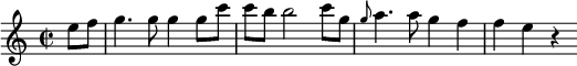 {\ clef housle \ key c \ major \ time 2/2 \ tempo 4 = 90 \ set Score.tempoHideNote = ## t \ partial 4 e'8 f '' g''4.  g''8 g''4 g''8 c '' 'c' '' 8 b '' b''2 c '' '8 g' '\ grace g''8 a''4.  a''8 g''4 f '' f''4 e '' r}