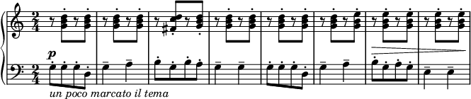 
{  \new PianoStaff <<
    \new Staff = "RH" \relative c'' { \clef treble \key c \major \time 2/4 
     r8 <d b g>-.[ r <d b g>-.] | r8 <d b g>-.[ r <d b g>-.] |
     r8 <d c fis,>-.[ r <d b g>-.] | r8 <d b g>-.[ r <d b g>-.] 
     r8 <d b g>-.[ r <d b g>-.] | r8 <d b g>-.[ r <e b g>-.] |
     r8 <e b g>-.[ r <e b g>-.] | r8 <e b g>-.[ r <e b g>-.] }
    \new Staff = "LH" \relative c' { \clef bass \key c \major  \time 2/4
     g8^\p-\markup { \italic {un poco marcato il tema}}-.[ g-. g-. d-. ] | g4-- a4-- |
     b8-.[ g-. b-. a-. ] | g4-- g4-- | g8-.[ g-. g-. d-. ] | g4-- a4-- |
     b8-.[^\> g-. a-. g-. ] | e4-- e4-- |\!}
   >> }
