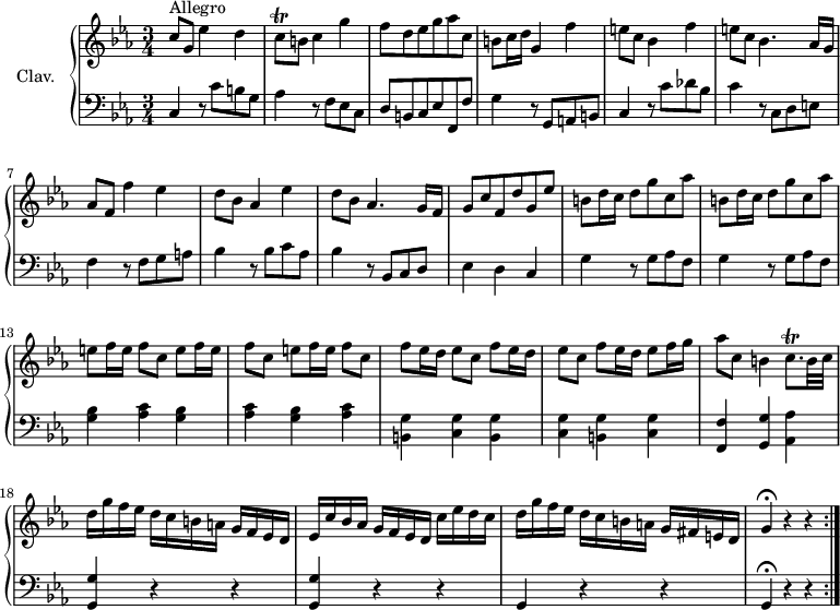 
\version "2.18.2"
\header {
  tagline = ##f
  % composer = "Domenico Scarlatti"
  % opus = "K. 73"
  % meter = "Allegro"
}

%% les petites notes
trillCq        = { \tag #'print { c8\trill } \tag #'midi { d32 c d c } }
trillCqp       = { \tag #'print { c8.\trill } \tag #'midi { d32 c d c~ c16 } }

upper = \relative c'' {
  \clef treble 
  \key c \minor
  \time 3/4
  \tempo 4. = 80
  \set Staff.midiInstrument = #"harpsichord"
  \override TupletBracket.bracket-visibility = ##f

  \repeat volta 2 {
      s8*0^\markup{Allegro}
      c8 g ees'4 d | \trillCq b8 c4 g' | f8 d ees g aes c, | b c16 d g,4 f' |
      % ms. 5
      e8 c bes4 f' | e8 c bes4. aes16 g | aes8 f f'4 ees | d8 bes aes4 ees' | d8 bes aes4. g16 f |
      % ms. 10
      g8 c f, d' g, ees' | \repeat unfold 2 { b d16 c d8 g c, aes' } | \repeat unfold 3 { e8 f16 e f8 c }
      % ms. 15
      \repeat unfold 2 { f8 ees16 d ees8 c } f8 ees16 d ees8 f16 g | aes8 c, b4 \trillCqp b32 c |
      % ms. 18
      d16 g f ees d c b a g f ees d | ees c' bes aes  g f ees d  c' ees d c | d g f ees d c b a g fis e d | g4\fermata r4 r4 }%repet

}

lower = \relative c' {
  \clef bass
  \key c \minor
  \time 3/4
  \set Staff.midiInstrument = #"harpsichord"
  \override TupletBracket.bracket-visibility = ##f

  \repeat volta 2 {
    % ************************************** \appoggiatura a16  \repeat unfold 2 {  } \times 2/3 { }   \omit TupletNumber 
      c,4 r8 c'8 b g | aes4 r8 f8 ees c | d b c ees f, f' | g4 r8 g,8 a b |
      % ms. 5
      c4 r8 c'8 des bes | c4 r8 c,8 d e | f4 r8 f8 g a | bes4 r8 bes c aes | bes4 r8 bes,8 c d 
      % ms. 10
      ees4 d c |  \repeat unfold 2 { g' r8 g aes f } | \repeat unfold 3 { < g bes >4  < aes c > }
      % ms. 15
      \repeat unfold 3 { < b, g' >4 < c g' > } < f, f' >4 < g g' > < aes aes' >
      % ms. 18
      \repeat unfold 2 { < g g' >4 r4 r4 } g4 r4 r4 | g4\fermata r4 r4 }%repet

}

thePianoStaff = \new PianoStaff <<
    \set PianoStaff.instrumentName = #"Clav."
    \new Staff = "upper" \upper
    \new Staff = "lower" \lower
  >>

\score {
  \keepWithTag #'print \thePianoStaff
  \layout {
      #(layout-set-staff-size 17)
    \context {
      \Score
     \override SpacingSpanner.common-shortest-duration = #(ly:make-moment 1/2)
      \remove "Metronome_mark_engraver"
    }
  }
}

\score {
  \keepWithTag #'midi \thePianoStaff
  \midi { }
}
