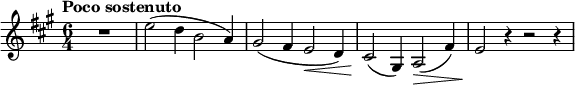 
\relative c'' {
 \set Score.tempoHideNote = ##t \tempo "Poco sostenuto" 4=62 \key a \major \time 6/4
 R1*3/2 e2( d4 b2 a4) gis2( fis4 e2\< d4)
 cis2\! ( gis4) a2\> ( fis'4) e2\! r4 r2 r4
}
