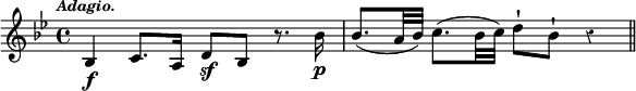 { \time 4/4 \key bes \major \override Score.Rest #'style = #'classical \tempo \markup { \smaller \italic Adagio. } \relative b { bes4\f c8. a16 d8\sf bes r8. bes'16\p | bes8.( a32 bes) c8.( bes32 c) d8-! bes-! r4 \bar "||" } }