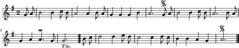 
\relative c'' {
  \key g \major
  \override Staff.TimeSignature #'style = #'single-digit
  \time 2/2
  \partial 4
  \autoBeamOff
  g8 a
  b2 b4 c8 b
  a2 a4b8 a
  g4 g g b
  a2. g8\segno a
  b2 b4 c8 b
  a2. b8 a
  g4 a a4.\mordent g8
  g2._"Fin." \bar "|." b8 c
  d2 d4 e8 d
  c2 c4 d8 c
  b4 b a g
  a2.\segno
  \bar "|."
}
