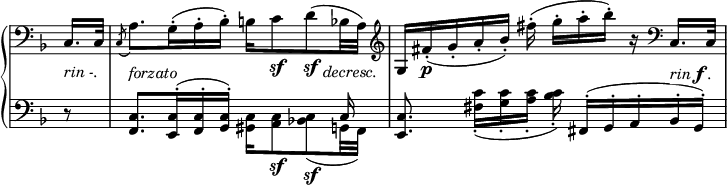 
 \relative c' {
  \new PianoStaff <<
   \new Staff \with { \remove "Time_signature_engraver" } { \key f \major \time 6/8 \clef bass \partial 8
    c,16. c32 \acciaccatura c8 a'8. g16-.( a-. bes-.) b c8\sf d\sf( bes32 a) \clef treble
    g16[ fis'-.( g-. a-. bes-.)] fis'-.( g-.[ a-. bes-.]) r \clef bass c,,,16. c32
   }
   \new Dynamics {
    \override TextScript #'whiteout = ##t
    s8_\markup { \italic { rin -. } } s8._\markup \italic forzato s4 s8. s16_\markup \italic decresc. s16
    s16 s16_\markup \dynamic p s4 s4 s8_\markup { \italic rin \dynamic f . }
   }
   \new Staff \with { \remove "Time_signature_engraver" } { \key f \major \time 6/8 \clef bass
    <<
     {
      d8\rest <c f,>8. <c e,>16-.( <c f,>-. <c g>-.) s16 s4 c16 <c e,>8. s4 fis,16-.( g -. a-. bes-. g-.)
     }
    \\
     { s8 s4. <c gis>16 <c a>8\sf <c bes!>\sf( g!32 f) s8. <c'' fis,>16-.( <c g>-. <c a>-. <c bes>-.) }
    >>
   }
  >>
 }
