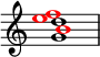 {\ override Score.TimeSignature # 'stencil = ## f \ new Staff << \ new Voice \ relative c' '{\ clef treble \ time 4/4 \ voiceOne <g d'> 1} \ new Voice \ relative c '' {\ clef treble \ time 4/4 \ voiceOne \ override NoteHead.color = #red b1} \ new Voice \ relative c '' {\ clef treble \ time 4/4 \ voiceTwo \ override NoteHead.color = #red <ef> 1} >>}