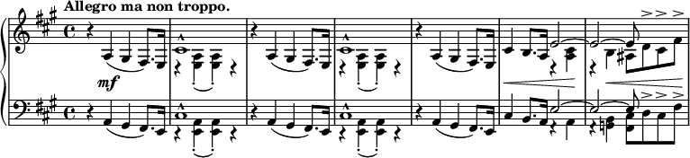 
 \relative c' {
  \new PianoStaff <<
   \new Staff { \key a \major \time 4/4
    \set Score.tempoHideNote = ##t \tempo "Allegro ma non troppo." 4=124
    \override Score.NonMusicalPaperColumn #'line-break-permission = ##f
    r4 a( gis fis8.) e16 << { cis'1-^ } \\ { d,4\rest <a' e>-. ( q-.) d,\rest } >>
    r a'( gis fis8.) e16 << { cis'1-^ } \\ { d,4\rest <a' e>-. ( q-.) d,\rest } >>
    r a'( gis fis8.) e16 cis'4 b8. a16
    << { e'2~ e~ e8 s8 s4 } \\ { d,4\rest <cis' a>4 d,\rest b' ais8 d^> cis^> fis^> } >>
   }
   \new Dynamics {
    s4 s\mf s2 s1 s s s s4\< s s s\! s s\< s s8 s\!
   }
   \new Staff { \key a \major \time 4/4 \clef bass
    r4 a,,( gis fis8.) e16 << { cis'1-^ } \\ { d,4\rest <a' e>-. ( q-.) d,\rest } >>
    r a'( gis fis8.) e16 << { cis'1-^ } \\ { d,4\rest <a' e>-. ( q-.) d,\rest } >>
    r a'( gis fis8.) e16 cis'4 b8. a16
    << { e'2~ 2~ e8 s8 s4 } \\ { f,4\rest a f\rest <b g> <cis fis,>8 d^> cis^> fis^> } >>
   }
  >>
 }
