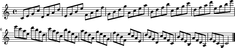 
{

\modalTranspose c c' { c d e f g a b } { c8 e g c' }
\modalTranspose c d' { c d e f g a b } { c e g c' }
\modalTranspose c e' { c d e f g a b } { c e g c' }
\modalTranspose c f' { c d e f g a b } { c e g c' }
\modalTranspose c g' { c d e f g a b } { c e g c' }
\modalTranspose c a' { c d e f g a b } { c e g c' }
\modalTranspose c b' { c d e f g a b } { c e g c' }
\modalTranspose c c'' { c d e f g a b } { c e g c' }
\modalTranspose c d'' { c d e f g a b } { c e g c' }
\modalTranspose c e'' { c d e f g a b } { c e g c' }

\modalInversion c e''' { c d e f g a b } { c e g c' }
\modalInversion c d''' { c d e f g a b } { c e g c' }
\modalInversion c c''' { c d e f g a b } { c e g c' }
\modalInversion c b'' { c d e f g a b } { c e g c' }
\modalInversion c a'' { c d e f g a b } { c e g c' }
\modalInversion c g'' { c d e f g a b } { c e g c' }
\modalInversion c f'' { c d e f g a b } { c e g c' }
\modalInversion c e'' { c d e f g a b } { c e g c' }
\modalInversion c d'' { c d e f g a b } { c e g c' }
\modalInversion c c'' { c d e f g a b } { c e g c' }
\modalInversion c b' { c d e f g a b } { c e g c' }
\modalInversion c a' { c d e f g a b } { c e g c' }
\modalInversion c g' { c d e f g a b } { c e g c' }

c'2

\bar "|."
}
