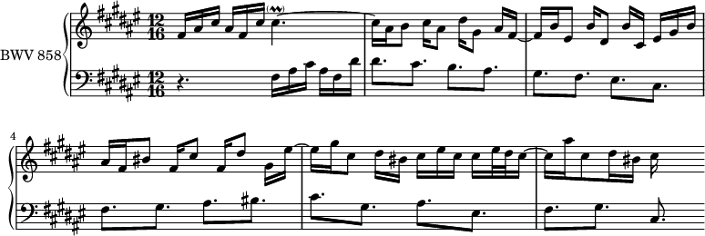 
\version "2.18.2"
\header {
  tagline = ##f
}

upper = \relative c' {
    \clef treble 
    \key fis \major
    \time 12/16
    \tempo 8. = 92
    \set Staff.midiInstrument = #"harpsichord" 

   %% PRÉLUDE CBT I-13, BWV 858, fa-dièse majeur
   fis16 ais cis ais fis cis' cis4.~-\parenthesize \prall cis16 ais b8 cis16[ ais8] dis16 gis,8 ais16[ fis~] | fis b eis,8 b'16[ dis,8] b'16 cis, eis gis b |
   ais16 fis bis8 fis16[ cis'8] fis,16[ dis'8] gis,16 eis'~ eis gis cis,8 dis16[ bis] cis eis cis cis eis32 dis cis16~ | cis ais' cis,8 dis16 bis cis16
   
}

lower = \relative c {
    \clef bass 
    \key fis \major
    \time 12/16
    \set Staff.midiInstrument = #"harpsichord" 

    r4. fis16 ais cis ais fis dis' dis8.[ cis] b[ ais] gis[ fis] eis[ cis] fis[ gis] ais[ bis] cis[ gis] ais[ eis] fis[ gis] cis,
} 

\score {
  \new PianoStaff <<
    \set PianoStaff.instrumentName = #"BWV 858"
    \new Staff = "upper" \upper
    \new Staff = "lower" \lower
  >>
  \layout {
    \context {
      \Score
      \remove "Metronome_mark_engraver"
    }
  }
  \midi { }
}
