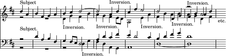 { << \new Staff \relative d'' { \key d \major \time 4/4 \override Score.TimeSignature #'stencil = ##f \partial 2
 << { d4^"Subject" a | b fis g a | b cis d2 ~ |
      d2 a4^"Inversion." d | cis fis e2 | d2 s |
      r^"Inversion." a | s_"etc." } \\
    { r2 R1 | d,4_"Inversion." g fis b | a g fis e8 d |
      a2 e'4_"Inversion." a | fis b a b | a g d fis } \\
    { s2 s1 s s s s2 d4_"Inversion." g | fis b a d } >> }
\new Staff \relative d' { \clef bass \key d \major
 << { r2^"Subject." d4 a b fis | g fis8 e d2 |
      a'4^"Inversion." d cis fis | e d2 cis4 | b d fis g | d1 } \\
    { r2 R1 r2 d,4_"Inversion." g | fis d a g |
      a1 d _~ d | s2 } >> } >> }