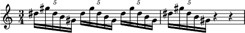 
\language "italiano"
\score {
  \relative do'' {
    \time 3/4
    \stemDown \tupletUp 
    \tuplet 5/4 { red16[ sold red si sold] } 
    \tuplet 5/4 { red'16[ sold red si sold] } 
    \tuplet 5/4 { red'16[ sold red si sold] } 
    \tuplet 5/4 { red'16[ sold red si sold] } r4 r |    
  }
  \layout {
    \context { \Staff 
               \RemoveEmptyStaves 
             }
    indent = 0\cm
    line-width = #120
    \override Score.BarNumber #'stencil = ##f
  }
  \midi { }
}
\header { tagline = ##f}
