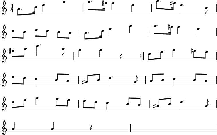 
<<
\relative c'' {
\autoBeamOn
\omit Score.BarNumber
\key a \minor
\time 3/4
\tempo 4 = 120
\hide Score.MetronomeMark
%1
\stemDown a8. c16 e4 a |  a8.[gis16] gis4 e | b'8.[gis16] e4. b8 \break
%2
c8[b] d[c] b[a] | a8.[c16] e4 a | a8.[gis16] gis4 e \break
%3
gis8 b e4. b8 | a4 a r \bar ":|." d,8 f a4 gis8 f \break
%4
e8 d c4 \stemUp b8 a | gis8 b \stemNeutral d4. gis,8 | a8 b c4 b8 a \break
%5
d8 f a4 g8 f | e8 d c4 \stemUp b8 a | gis8 b \stemNeutral d4. gis,8 \break
%6
a4 a r \bar "|." | s
}
>>
