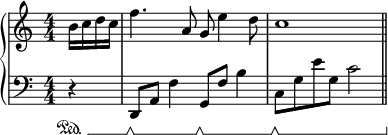 
{
	\new PianoStaff <<
		\new Staff \relative c'' {
			\clef treble
			\numericTimeSignature
			\partial 4
			b16 c d c
			f4. a,8 g e'4 d8
			c1
			\bar "||"
		}
		\new Staff \relative c {
			\clef bass
			\numericTimeSignature
			\partial 4
			\set Staff.pedalSustainStyle = #'mixed
			\set Score.tempoWholesPerMinute = #(ly:make-moment 114 4 0 0)
			r4\sustainOn
			\set Score.tempoWholesPerMinute = #(ly:make-moment 112 4 0 0)
			d,8\sustainOff\sustainOn a' f'4
			\set Score.tempoWholesPerMinute = #(ly:make-moment 108 4 0 0)
			g,8\sustainOff\sustainOn f' b4
			\set Score.tempoWholesPerMinute = #(ly:make-moment 104 4 0 0)
			c,8\sustainOff\sustainOn g'
			\set Score.tempoWholesPerMinute = #(ly:make-moment 100 4 0 0)
			e' g, c2
			\bar "||"
		}
	>>
}
