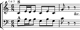  \new ChoirStaff <<
  \new Staff \relative c' { \key c \major \time 6/8 \mark \markup \tiny { ( \italic a ) }
    c8^\markup \bold "S" e16 d e8 c e c | g' r r_"&c." }
  \new Staff \relative g { \clef bass \key c \major
    g8^\markup \bold "A" b16 a b8 g b g | c r r } >>