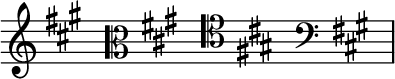 { \new Staff \with{ \magnifyStaff #3/2 } << \time 4/16 \override Score.TimeSignature #'stencil = ##f { \clef treble \key a \major s16 \clef alto \key a \major s16 \clef tenor \key a \major s16 \clef bass \key a \major s16 } >> }