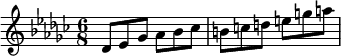  \relative c' {   \key ges \major   \time 6/8% Notes with -es suffixes indicating flats   des8 es ges aes bes ces% Notes without accidentals (naturals)   b c d e g a  }