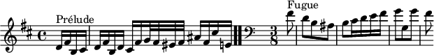 
\version "2.18.2"
\header {
  tagline = ##f
}

\score {
  \new Staff \with {

  }
<<
  \relative c' {
    \key b \minor
    \time 4/4
	\set Staff.midiInstrument = #"harpsichord" 

     %% INCIPIT CBT II-24, BWV 893, si mineur
     \partial 4
     s4*0^\markup{Prélude} d16 fis b, cis d fis b, d cis fis g32 fis eis fis ais16 fis cis' e, \bar ".."
      \skip 8*1
      \override Staff.Clef.extra-offset = #'( -1 . 0 )
      \clef bass
     \time 3/8 \partial 8
     s4*0^\markup{Fugue} fis8 d b ais b cis16 d e fis g8 g, g' fis

  }
>>
  \layout {
     #(layout-set-staff-size 17)
     \context { \Score \remove "Metronome_mark_engraver"
     \override SpacingSpanner.common-shortest-duration = #(ly:make-moment 1/2) 
       }
  }
  \midi {}
}
