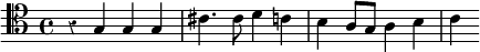 \relative g { \clef tenor \time 4/4 \override Score.Rest #'style = #'classical r4 g g g | cis4. cis8 d4 c | b a8 g a4 b | c } 