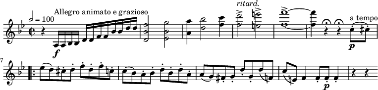 
\relative c'' {
  \version "2.18.2"
  \key bes \major
  \time 2/2
  \tempo 2 = 100
  \tempo "Allegro animato e grazioso"
  r4 a,16 \f ^\markup {Allegro animato e grazioso} a bes bes d d f f bes bes d d
  
  <d, bes' f'>2 < ees bes' g'>
  <a a'>4 <d bes'>2 <f c'>4 
  <f d'>2^> ^ \markup {\italic ritard.} <e e'>^> <f f'>1^>  ~ <f f'>4 r  \fermata r\fermata c8-. \p ^\markup {a tempo} (cis8-.)
 \bar ".|:" ees (d) cis-.d-. f-. d-. f-. c-.
  c (bes) a-. bes-. d-. bes-. d-. a-.
  a (g) fis-. g-. d'-. g,-.
  d' (f,) c' (e,) f4 f8-. f-.\p f4-. r r
}
