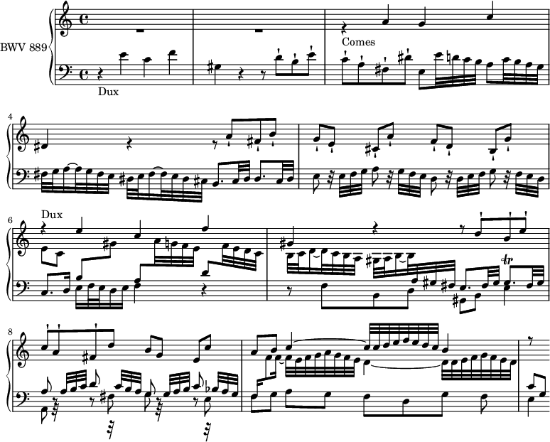 
\version "2.18.2"
\header {
  tagline = ##f
}

Dux   = { r4-\markup{Dux} e4 c f gis, r4 r8 d'8-! b-! e-! c-! a-! fis-! }
Comes = { r4-\markup{Comes} a4 g c dis, r4 r8 a'8-! fis-! b-! g-![ e-!] cis-![ a'-!] }

upper = \relative c'' {
  \clef treble 
  \key a \minor
  \time 4/4
  \tempo 4 = 66
  \set Staff.midiInstrument = #"harpsichord" 

   %% FUGUE CBT II-2, BWV 871, ut mineur
   << { s1*5 \stemUp \Dux d'8 b[ g] e c' a b c4~ c32 c d e f e d c b4 | r8 } \\ { R1*2 \stemUp \Comes f8-! d-! b-![ g'-!] \stemDown e[ c]  \stemUp \change Staff = "lower"  b  \stemDown \change Staff = "upper" gis' \stemUp \change Staff = "lower"  a,  \stemDown \change Staff = "upper"  a'32 g f e   \stemUp \change Staff = "lower"   d8  \stemDown \change Staff = "upper"  f32 e d c   b c d16~ d32 c b a gis a b16~ b32  \stemUp \change Staff = "lower"  a gis fis e8. fis32 gis gis8.^\trill fis32 gis a8 r32 a32 b c d8 r32 c b a g8 r32 g a b c8 r32 bes a g f16 \stemDown \change Staff = "upper" f'8 f16~ f32 e f g a g f e d4~ d32  d e f g f e d \stemUp \change Staff = "lower" c8[ g] } >>
   
}

lower = \relative c' {
  \clef bass 
  \key a \minor
  \time 4/4
  \set Staff.midiInstrument = #"harpsichord" 

   \Dux dis'8-! e, e'32 d c b a8 c32 b a g | fis g a16~ a32 g fis e dis e fis16~ fis32 e dis cis b8. cis32 dis dis8. cis32 dis | 
   e8 r32 e32 f g a8 r32 g f e d8 r32 d e f g8 r32 f e d c8. d16 e f32 e d16 e f4 r4
   r8 f8 b, d \stemDown gis, b e4 a,8 r8 r8 fis' g8 r8 r8 e | f g a[ g] f[ d g] f e4
} 

\score {
  \new PianoStaff <<
    \set PianoStaff.instrumentName = #"BWV 889"
    \new Staff = "upper" \upper
    \new Staff = "lower" \lower
  >>
  \layout {
    \context {
      \Score
      \remove "Metronome_mark_engraver"
      \override SpacingSpanner.common-shortest-duration = #(ly:make-moment 1/2) 
    }
  }
  \midi { }
}
