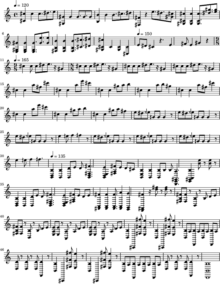 
\relative c'' {
 \tempo 4= 120
 \language "english"
 <cs cs,>4 cs4 cs8. ds8. e8
 <gs, gs,>4 gs4 gs8. gs8. gs8
 <b b,>4 b4 b8. cs8. ds8
 <fs, fs,>4 r4 e'8. ds8. <cs gs>8
 
 <cs cs, gs>4 <cs cs, gs>4 <cs cs, gs>8. <ds gs>8. <e gs>8
 <gs, gs, e>4 <gs gs, e>4 <gs gs, e>8. <gs e'>8. <gs e'>8
 <b b, fs>4 <b b, fs>4 <b b, fs>8. <cs cs,>8. <ds ds,>8
 <cs cs, gs>4 cs,4 <cs gs>4 <cs cs, >4
 
 \tempo 4= 150
 e8 ds8 cs4 r4.
 e4 fs8 e4 gs4 r4
 
  \tempo 4= 165
 \time  9/8
cs4 
cs8 cs8 ds8 e8. r16 gs,4
\time  8/8
cs8 cs8 cs8 ds8 e8. r16 gs,4
cs8 cs8 cs8 ds8 e8. r16 gs,4
cs8 cs8 cs8 ds8 e8. r16 gs,4

cs4 cs4 a'8 fs8 cs'4
cs,4 cs4 a'8 e'8 cs4
cs,4 cs4 gs'8 a8 b4
cs,4 cs4 a'8 b8 gs4

cs,4 cs4 a'8 fs8 cs'4
cs,4 cs4 a'8 e'8 cs4
cs,4 cs4 gs'8 a8 b4
cs,4 cs4 gs'8 a8 fs4

e8 ds8 eqf8 gqs,8 gqs8 gqs4 r8
e'8 ds8 eqf8 gqs,8 gqs8 gqs4 r8
e'8 ds8 eqf8 gqs,8 gqs8 gqs4 r8
e'4 eqs8 f4 fqs4 r8

e8 ds8 eqf8 gqs,8 gqs8 gqs4 r8
e'8 ds8 eqf8 gqs,8 gqs8 gqs4 r8
e'8 ds8 eqf8 gqs,8 gqs8 gqs4 r8
e'4 eqs8 f4 fqs4.
\tempo 4= 135
<b,, b, d>4 <b b,>4 <d b,>8 e8 d8 <fs b,, d fs>4.
 <e b, d e>4 <fs a, fs>8 e8 d8 cs8
<b b, e>4 <b b, >4 <b b, >8 b8 b8 <a gs, e b>4.
 <b a, gs e >4 <e' b>8 r8 <e b>8 r8
 
<b, b, d>4 <b b,>4 <d b,>8 e8 d8 <fs b,, d fs>4.
 <e b, d e>4 <fs a, fs>8 e8 d8 e8
<fs  a,, fs>4 <fs a,, fs>4 <fs a,, fs>8. <a fs,,a>4 <g e,, g>4 
<fs  fs,, d>4 r16 <fs' d>8 r8 <fs d>8 r8

<fs, fs, b>8 <fs fs,>8 r8 <b, b,>8 r8 b8 d8 e8 
<fs fs, b>8 <fs fs,>8 r8  <b, b,>8 r8 b8 d8 e8 
<e e, a>8 <e e,>8 r8 <a, a,>8 r8 a8 d8 e8 
<e e, a>8 <e e,>8 r8 <a, a,>8 r8 a8 d8 e8 

<b b,>4 fs,,4 <fs'' fs' fs'>8 <e e' e'>4 r8
<b' b,>4 fs,,4 <fs'' fs' fs'>8 <e e' e'>4 r8
<b' b,>8 a8 <b b,,>8 a8 <b b,>8 a8 <b b,,>8 a8
<d d,>8 r8 <d d,>8 r8 <d d,>8 <d d,,>4 r8

<b b,>4 fs,,4 <fs'' fs' fs'>8 <e e' e'>4 r8
<b' b,>4 fs,,4 <fs'' fs' fs'>8 <e e' e'>4 r8
<b' b,>8 a8 <b b,,>8 a8 <b b,>8 a8 <b b,,>8 a8
<d d,>8 r8 <d d,>8 r8 <d d,>8 <d d,,>4 r8

<b b, b,>1
  }
