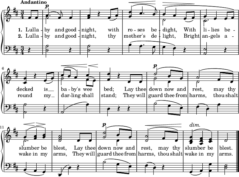 \new PianoStaff 
<<

\new Staff { 
\set Staff.midiInstrument = #"music box"
\time 3/4 \key d \major \tempo "Andantino" \partial 4 <<
\new Voice = "melody" { \relative f' { \stemUp
  fis8 fis | a4.^\p^\( fis8\) fis4 |
  <a fis> r fis8( a) |
  <d g,>4^\(^\< cis4. b8\)\! |
  b4^\(^\> a e8( fis)\! |
  g4^\( e e8[ fis]\) |
  <g cis,>4 r e8( g) |
  cis8^\(^\< b a4\) cis4\!^\< |
  <d fis,>4\! r d,8 d |
  d'2^\p^\( b8 g\) |
  a2^\( fis8 d\) |
  g4^\(^\< <a fis>\!^\> <b g>\)\! |
  <a fis d>2 d,8 d |
  <d' g,>2^\p^\( b8 g\) |
  <a d,>2^\(^\< fis8 d\) |
  <g d b>4^\dim^\( <fis d a>\! <e cis>\) | d2 \bar "|." } }
\new Voice = "two" { \relative f' { \stemDown
  s4 fis2 s4 s2.*2 d2 s4 cis2. |
  s2. g'2 fis8( e) | s2. g2 d4 d2 s4 |
  d2. s s2 d4 } } >> }
\new Lyrics \lyricsto "melody" { \set stanza = #"1. " Lul -- la -- by and good -- night, with ro -- ses be -- dight, _ With li -- lies be -- _ decked is __ ba -- _ by's wee bed; Lay thee down now and rest, may thy slum -- ber be blest, Lay thee down now and rest, may thy slum -- ber be blest. }
\new Lyrics \lyricsto "melody" { \set stanza = #"2. " Lul -- la -- by and good -- night, thy moth -- er's de -- light, _ Bright an -- gels a -- _ round my __ dar -- _ ling shall stand; They will guard thee from harms, thou shalt wake in my arms, They will guard thee from harms, thou shalt wake in my arms. }
\new Staff { 
\set Staff.midiInstrument = #"music box"
\clef bass \key d \major 
  r4 | <d a>2 r4 | q2 r4 |
  b4( a4. g8 | g4( fis) r | <a, e>2 r4 |
  <a, a>2 r4 | a,2( a4) | d4 r r |
  b2( g8 e) | fis4( d) a |
  b,( a, g,) | d,( d) r |
  b2( g8 e) | fis4( d) r |
  g,( a,) <a, g> | <d fis>2 } >> 