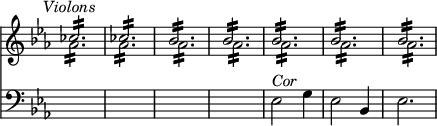 
\language "italiano"
porteeA = \relative do'' {
  \clef "treble"
  \time 3/4
  \key mib \major
   << { \voiceOne
         dob2.:16^\markup \center-align { \italic "Violons" } | dob2.:16 | \repeat unfold 5 {sib2.:16} |
      } 
      \new Voice { \voiceTwo 
         \repeat unfold 2 {lab2.:16} | \repeat unfold 5 {lab2.:16} |
      } 
   >> 
}
porteeB = \relative do {
  \clef "bass"
  \time 3/4
  \key mib \major
  \repeat unfold 4 s2. | mib2^\markup { \italic "Cor" } sol4 | mib2 sib4 | mib2. |
}
\score {
  <<
   \new Staff {  \porteeA }
   \new Staff {  \porteeB }
  >>
  \layout {
    \context { \Staff \RemoveEmptyStaves \remove "Time_signature_engraver" }
    indent = 0\cm
    line-width = #120
    \override Score.BarNumber #'stencil = ##f
  }
  \midi { }
}
\header { tagline = ##f}
