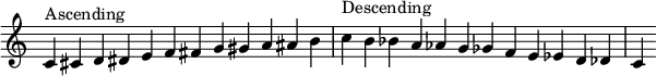  {
\override Score.TimeSignature #'stencil = ##f
\relative c' {
  \clef treble \time 12/4
  c4^\markup { Ascending } cis d dis e f fis g gis a ais b
  c^\markup { Descending } b bes a aes g ges f e es d des c
  }

}
