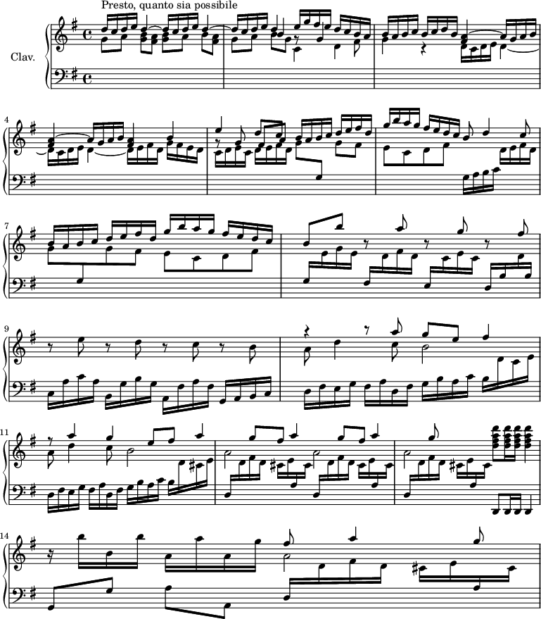 
\version "2.18.2"
\header {
 tagline = ##f
}

upper = \relative c'' {
 \clef treble 
 \key g \major
 \time 4/4
 \tempo 2 = 76
 \set Staff.midiInstrument = #"harpsichord"

 s8*0^\markup{Presto, quanto sia possibile}
 \stemUp \repeat unfold 3 { d16 c d e d4^~ } | e16 g fis e d c b a | b a b c b c d b \repeat unfold 2 { < fis a >4^~ a16 g a b } |
 % ms. 4 fin
 < fis a >4 b << { e4 d8 c } \\ { g8\rest \stemUp \shiftOnnn g8 fis[ a] } >> \stemUp b16 a b c d e fis d | g b a g fis e d c b8 d4 c8 |
 % ms. 7
 b16 a b c d e fis d g b a g fis e d c | b8 b' r8 a8 r8 g8 r8 fis8 |
 % ms. 9
 \stemNeutral r8 e8 r8 d8 r8 c8 r8 b8 |
 % ms. 10
 << { r4 r8 a' g e8 | fis4 r8 a4 g e8 | \repeat unfold 3 { fis8 a4 g8 } } \\ { a,8 d4 c8 b2 | a8 d4 c8 b2 | a2 a | a } >>
 % ms. 13 fin
 < d fis a d >8 q16 q q4 | r16 b'16 b, b' a, a' a, g' << { fis8 a4 g8 } \\ { a,2 } >>

}

lower = \relative c' {
 \clef bass
 \key g \major
 \time 4/4
 \set Staff.midiInstrument = #"harpsichord"

 % **************************************
 \stemDown \change Staff = "upper" g'8 a < g b >[ < fis a >] < g b > a b[ < fis a >] | << { \shiftOnnn s4 b4 g8\rest g4 \stemDown fis8 g4 } \\ { g8 a b[ g] c,4 d } >> r4 \repeat unfold 2 { d16 c d e d4_~ } |
 % ms. 4
 d16 e fis d g16 fis e d | c d e c d e fis d g8 \stemUp \change Staff = "lower" g,8 \stemDown \change Staff = "upper" g'8[ fis] | e c d fis \change Staff = "lower" g,16 a b c \stemDown \change Staff = "upper" d16 e fis d |
 % ms. 7
 g8 \stemUp \change Staff = "lower" g,8 \stemDown \change Staff = "upper" g'8 fis | e c d fis 
 % ms. 8
 \stemUp \change Staff = "lower" g,16 \stemDown \change Staff = "upper" e' g e \stemUp \change Staff = "lower" fis,16 \stemDown \change Staff = "upper" d' fis d \stemUp \change Staff = "lower" e,16 \stemDown \change Staff = "upper" c' e c \stemUp \change Staff = "lower" d, b' \stemDown \change Staff = "upper" d |
 % ms. 9
 \stemUp \change Staff = "lower" b16 \stemNeutral c, a' c a b, g' b g a, fis' a fis g,16 a b c |
 % ms. 10
 d16 fis e g fis a d, fis g b a c b \stemDown \change Staff = "upper" d c e | \change Staff = "lower" d,16 fis e g fis a d, fis g b a c b \stemDown \change Staff = "upper" d cis e | \repeat unfold 3 { \stemUp \change Staff = "lower" d, \stemDown \change Staff = "upper" d' fis d cis e \stemUp \change Staff = "lower" a, \stemDown \change Staff = "upper" cis }
 % ms. 13 fin
 \stemNeutral \change Staff = "lower" d,,8 d16 d d4 | g8[ g'] a a, d16 \stemDown \change Staff = "upper" d' fis d cis e \stemUp \change Staff = "lower" a, \stemDown \change Staff = "upper" cis

}

thePianoStaff = \new PianoStaff <<
 \set PianoStaff.instrumentName = #"Clav."
 \new Staff = "upper" \upper
 \new Staff = "lower" \lower
 >>

\score {
 \keepWithTag #'print \thePianoStaff
 \layout {
 #(layout-set-staff-size 17)
 \context {
 \Score
 \override SpacingSpanner.common-shortest-duration = #(ly:make-moment 1/2)
 \remove "Metronome_mark_engraver"
 }
 }
}

\score {
 \keepWithTag #'midi \thePianoStaff
 \midi { }
}
