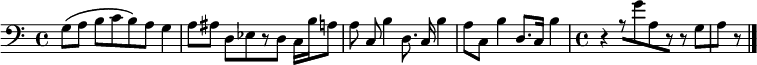 
{
\clef bass
g8\( a b[ c' b\) a] g4 

a8[ ais] d[ ees r d] c16 b a8

\autoBeamOff
a8 c b4 d8. c16 b4 |
\autoBeamOn
a8 c b4 d8. c16 b4 |

\time 4/4
r4 r8[ g' a r] r8 g[ | a] r

\bar "|."
}
