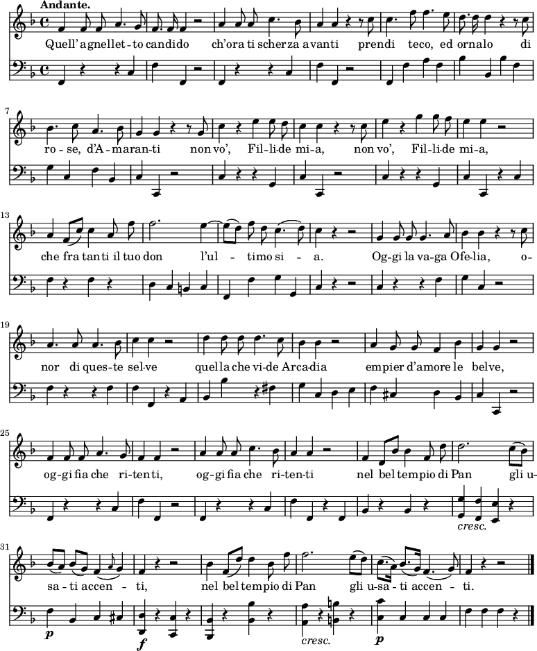 

    { <<
        \new Staff <<

            \set Staff.midiInstrument = #"voice oohs"
  \key f \major
  \time 4/4
  \tempo "Andante."
\absolute{
\autoBeamOff
\transpose c c'{
  f4 f8 f8 a4. g8 f8. f16 f4 r2 a4 a8 a8 c'4. bes8 a4 a4 r4 r8 c'8 c'4. f'8 f'4. e'8
  d'8. d'16 d'4 r4 r8 c'8 bes4. c'8 a4. bes8 g4 g4 r4 r8 g8 c'4 r4 e'4 e'8 d'8 c'4 c'4 r4 r8 c'8
  e'4 r4 g'4 g'8 f'8 e'4 e'4 r2 a4 f8 ([c'8]) c'4 a8 f'8 f'2. e'4~ e'8 ([d'8]) f'8 d'8 c'4. (d'8)
  c'4 r4 r2 g4 g8 g8 g4. a8 bes4 bes4 r4 r8 c'8 a4. a8 a4. bes8 c'4 c'4 r2
  d'4 d'8 d'8 d'4. c'8 bes4 bes4 r2 a4 g8 g8 f4 bes4 g4 g4 r2 f4 f8 f8 a4. g8 f4 f4 r2
  a4 a8 a8 c'4. bes8 a4 a4 r2 f4 d8 [bes8] bes4 f8 d'8  d'2. c'8 ([bes8]) bes8 ([a8]) bes8 ([g8]) f4 _(\grace a8 g4)
  f4 r4 r2 bes4 f8 ([d'8]) d'4 bes8 f'8 f'2. e'8 ([d'8]) c'8. ([a16]) bes8. ([g16]) f4. (g8) f4 r4 r2 \bar "|."}}
            \addlyrics {Quell’ a -- gnel -- let -- to can -- di -- do ch’o -- ra ti scher -- za_a -- van -- ti pren -- di te -- co, ed
or -- na -- lo di ro -- se,_ d’A -- ma -- ran -- ti non vo’, Fil -- li -- de mi -- a, non vo’, Fil -- li -- de mi -- a, che fra tan -- ti_il tuo don l’ul -- ti -- mo si -- a.
Og -- gi la va -- ga_O -- fe -- lia, o -- nor di ques -- te sel -- ve quel -- la che vi -- de_Ar -- ca -- dia em -- pier d’a -- more le bel -- ve, og -- gi fia che ri -- ten -- ti,
og -- gi fia che ri -- ten -- ti
nel bel tem -- pio di Pan gli_u -- sa -- ti_ac -- cen -- ti, nel bel tem -- pio di Pan gli_u -- sa -- ti_ac -- cen -- ti.}
            >>
        \new Staff <<
            \set Staff.midiInstrument = #"cello"
            \new Voice \absolute {
\clef bass
\autoBeamOff
                \key f \major
  \time 4/4
  \tempo "Andante."
  f,4 r4 r4 c4 f4 f,4 r2 f,4 r4 r4 c4 f4 f,4 r2 f,4 f4 a4 f4
  bes4 bes,4 bes4 f4 g4 c4 f4 bes,4 c4 c,4 r2 c4 r4 r4 g,4 c4 c,4 r2
  c4 r4 r4 g,4 c4 c,4 r4 c4 f4 r4 f4 r4 d4 c4 b,4 c4 f,4 f4 g4 g,4
  c4 r4 r2 c4 r4 r4 f4 g4 c4 r2 f4 r4 r4 f4 f4 f,4 r4 a,4
  bes,4 bes4 r4 fis4 g4 c4 d4 e4 f4 cis4 d4 bes,4 c4 c,4 r2 f,4 r4 r4 c4 f4 f,4 r2
  f,4 r4 r4 c4 f4 f,4 r4 f,4 bes,4 r4 bes,4 r4   \override DynamicTextSpanner.style = #'none <g, g>4\cresc <f, f>4 <e, e>4 r4 f4\p bes,4 c4 cis4
  <d, d>4\f r4 <c, c>4 r4 <bes,, bes,>4 r4 <bes, bes>4 r4 \override DynamicTextSpanner.style = #'none <a, a>4\cresc r4 <b, b>4 r4 <c c'>4\p c4 c4 c4 f4 f4 f4 r4 \bar "|."
                }
            >>
    >> }
