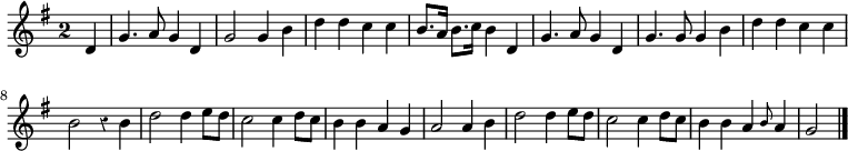 
\relative c' {
  \override Rest #'style = #'classical
  \key g \major
  \override Staff.TimeSignature #'style = #'single-digit
  \time 2/2
  \partial 4
  d
  g4. a8 g4 d
  g2 g4 b
  d d c c
  b8. a16 b8.[ c16] b4 d,
  g4. a8 g4 d
  g4. g8 g4 b
  d d c c

  b2 r4 b
  d2 d4 e8 d
  c2 c4 d8 c
  b4 b a g
  a2 a4 b
  d2 d4 e8 d
  c2 c4 d8 c
  b4 b a \grace b8 a4
  g2
  \bar "|."
}
