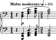 {\ uusi PianoStaff << \ uusi henkilöstö \ sukulainen c '{\ nuottiavain basso \ numericTimeSignature \ time 4/4 \ tempo "Molto moderato" 4 = 80 r <gd b> \ p (<d' af> 4. <eb g> 8 | \ aika 3/4 <da f> 2)} \ uusi Henkilökunta \ suhteellinen c {\ nuottiavain \ numericTimeSignature \ aika 4/4 r4 <gdg,> <d 'af d> 4.  <ebg e> 8 |  \ aika 3/4 <daf d> 2} >>}