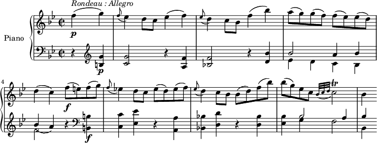 
\version "2.18.2"
\header {
  tagline = ##f
}

  
  
  
upper = \relative c' {
  \clef treble 
  \key bes \major
  \time 2/2
  \tempo "Allegro" 4 = 154

   \partial 2 f'4 \p ^\markup{ \italic {Rondeau : Allegro} } (g)
   \grace f8 (ees4) d8 c ees4 (f)
   \grace ees8 (d4) c8 bes f'4 (bes)
   a8 (g) g (f) f (ees) ees (d)
   d4 (c) f8\f (e) f (g)
   \grace f8 (ees!4) d8 c ees (d) ees (f)
   \grace ees8 (d4) c8 bes bes (d) f (bes)
   bes (g) ees c)  \grace {bes32 (c d} c2)  \trill
   bes4
}

lower = \relative c {
  \clef bass
  \key bes \major
  \time 2/2
    \partial 2  r4  \clef treble <b' g'>4 \p
    <c g'>2 r4 <a f'>4
    <bes! f'>2 r4 <d bes'>4
    <<{\stemDown ees4 d c bes f'2 } \\ {  \stemUp bes2 a4 bes bes (a))}>> r4  \clef bass
    <b,, b'>4  \f <c c'> <ees ees'>  r <a, a'>
    <bes! bes'!> <d d'> r <d bes'>
    <ees bes'> <<{\stemDown g4 f2 bes,4 } \\ {  \stemUp bes'2 a4 bes}>>
} 

\score {
  \new PianoStaff <<
    \set PianoStaff.instrumentName = #"Piano"
    \new Staff = "upper" \upper
    \new Staff = "lower" \lower
  >>
  \layout {
    \context {
      \Score
      \remove "Metronome_mark_engraver"
    }
  }
  \midi { }
}
