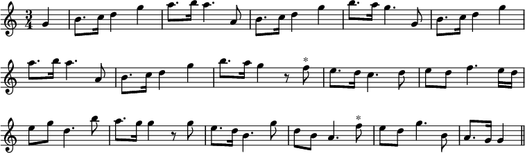 { \override Score.BarNumber #'break-visibility = #'#(#f #f #f) \time 3/4 \partial 4 \relative g' {
  g4 | b8. c16 d4 g | a8. b16 a4. a,8 |
  b8. c16 d4 g | b8. a16 g4. g,8 | %eol 1
  b8. c16 d4 g | a8. b16 a4. a,8 |
  b8. c16 d4 g | b8. a16 g4 r8 f^"*" | %eol 2
  e8. d16 c4. d8 | e d f4. e16 d |
  e8 g d4. b'8 | a8. g16 g4 r8 g | %eol 3
  e8. d16 b4. g'8 | d8 b a4. f'8^"*" |
  e8 d g4. b,8 | a8. g16 g4 \bar "||" } }