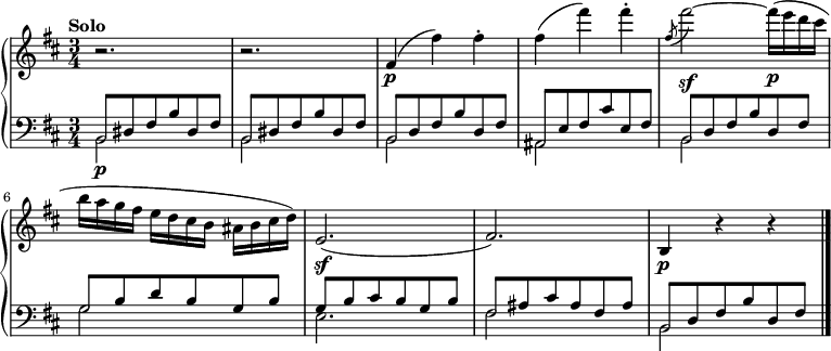 
  \new PianoStaff <<
    \new Staff = "up" \relative c' {
      
  \clef treble 
  \key b \minor
  \time 3/4
  \tempo "Solo"
  r2. r2.
   fis4 
  \p (fis') fis-. |
   fis (fis') fis-. | 
   \slashedGrace fis,8 (fis'2~ \sf) fis16 \p (e d cis |
   b a g fis e d cis b ais b cis d) |
   e,2. \sf (|
   fis) |
   b,4 \p r4 r4 |
   
   \bar "|."
}
    \new Staff = "down" \relative c {
  \clef bass
  \time 3/4
  \key b \minor
  \mergeDifferentlyHeadedOn 
   <<{b8 \p dis8 fis b dis, fis } \\ {b,2 } >> |
   <<{b8 dis8 fis b dis, fis } \\ {b,2 } >> |
   <<{b8 d8 fis b d, fis } \\ {b,2 } >> |
   <<{ais8 e'8 fis cis' e, fis } \\ {ais,2 } >> |
   <<{b8 d8 fis b d, fis } \\ {b,2 } >> |
   
   <<{g'8 b d b g b } \\ {g2 } >> |
   <<{g8 b cis b g b } \\ {e,2. } >> |
   <<{fis8 ais cis ais fis ais } \\ {fis2 } >> |
   <<{b,8 d8 fis b d, fis } \\ {b,2 } >> |
   \bar "|."
}
  >>
