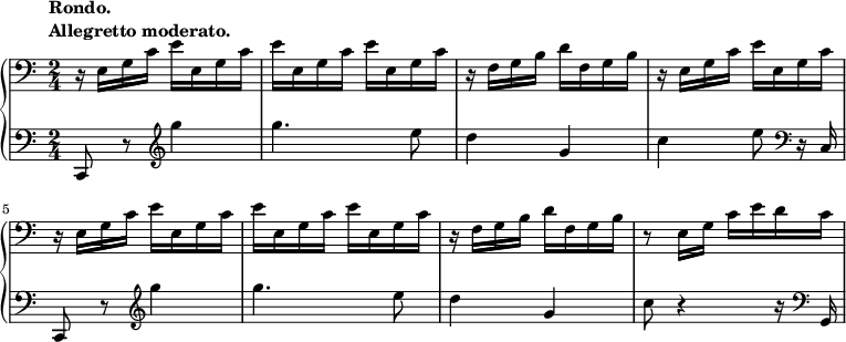  {
\new PianoStaff <<
    \new Staff = "up" {
    \tempo \markup { \column {
        \line{Rondo.}
        \line{Allegretto moderato. }}}
      \relative c {
      
        \clef bass
        \time 2/4
        \stemDown
        r16 e g c e e, g c e e, g c e e, g c r f, g b d f, g b r e, g c e e, g c r e, g c e e, g c e e, g c e e, g c r f, g b d f, g b r8 e,16 g c e d c 
        
      }
    }
    \new Staff = "down" {
      \relative c, {
        \clef bass c8 r8\clef treble g''''4 g4. e8 d4 g, c e8\clef bass r16 c,, c,8 r\clef treble g''''4 g4. e8 d4 g, c8 r4 r16 \clef bass g,,
      }
    }
  >>
}
