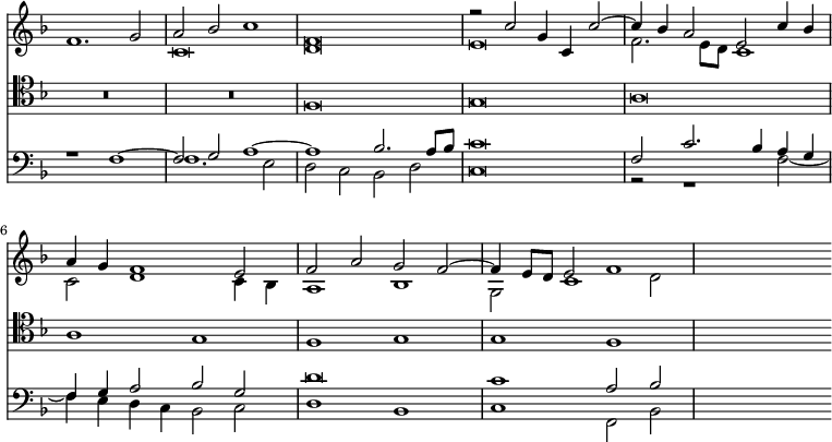 { \override Score.TimeSignature #'stencil = ##f \time 4/2 \key d \minor <<
\new Voice = "one" { \voiceOne \relative f' { f1. g2 | a bes c1 | f,\breve |
r2 c' g4 c, c'2 ~ | c4 bes a2 e c'4 bes | a g f1 e2 |
f a g f ~ | f4 e8 d e2 f1 | s1 } }
\new Voice = "two" { \voiceTwo \relative c' { s\breve c d
e f2. e8 d c1 | c2 d1 c4 bes |
a1 bes | g2 c1 d2 | } }
\new Staff { \clef tenor \key d \minor R\breve*2 f\breve g a a1 g f g g f s }
\new Staff { \clef bass \key d \minor <<
\new Voice = "three" { \voiceThree r1 f ~ | f2 g a1 ~ | a bes2. a8 bes |
c'\breve | f2 c'2. bes4 a g | f g a2 bes g |
d'\breve | c'1 a2 bes | s1 }
\new Voice = "four" { \voiceFour s\breve f1. e2 | d c bes, d |
c\breve | r2 r1 f2 ~ | f4 e d c bes,2 c |
d1 bes, | c f,2 bes, | } >>
} >> }