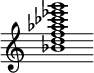 {
  % Rivin lopun pystyviiva ja tahtiosoitus piiloon.
  \override Score.BarLine.break-visibility = ##(#f #t #t)
  \override Staff.TimeSignature #'stencil = ##f
  
  <bes' d'' f'' aes'' ces''' ees''' g'''>1
}
