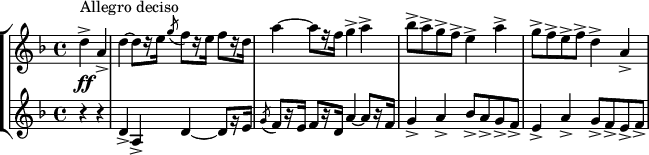 
\version "2.18.2"
\header {
 tagline = ##f
}
global= {
 \time 4/4
 \key d \minor
 \tempo 4 = 122
}

tema = { d4-> a-> | d~ d8[ r16 e16] \acciaccatura g8 f8[ r16 e16] f8[ r16 d16] | a'4~ a8[ r16 f16] g4-> a-> |
 bes8-> a-> g-> f-> e4-> a-> | g8-> f-> e-> f-> }

soprano = \new Voice \relative c'' {
 \set Staff.instrumentName = #""
 \clef treble

 s8*0^\markup{Allegro deciso}_\ff
 { \partial 2 
 \tema d4-> a->
 }

 % \addlyrics { bla- bla }
}

alto = \new Voice \relative c' {
 \set Staff.instrumentName = #""
 \clef treble

 r4 r4 | \tema

}

\score {
 \new StaffGroup <<
 \new Staff << \global \soprano >>
 \new Staff << \global \alto >>
 >>
 \layout {
 #(layout-set-staff-size 17)
 \context {
 \Score
 \override SpacingSpanner.common-shortest-duration = #(ly:make-moment 1/2)
 \remove "Metronome_mark_engraver"
 }
 }
 \midi { }
}
