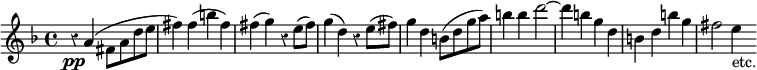 { \time 4/4 \key f \major \override Score.Rest #'style = #'classical \relative a' { r4\pp a( fis8 a d e | fis4) fis( b fis) | fis( g) r e8( fis) | g4( d) r e8( fis) | g4 d b8( d g a) | b4 b d2 ~ | d4 b g d | b d b' g | fis2 e4_"etc." } }