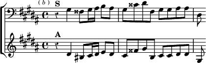  \new ChoirStaff << \override Score.Rest #'style = #'classical
  \new Staff \relative g { \clef bass \key gis \minor \time 4/4 \mark \markup \tiny { ( \italic b ) }
    r4^\markup \bold "S" gis4 fisis8 gis16 ais b8 ais |
    gis cisis dis fis, gis gis ais ais | dis, }
  \new Staff \relative d' { \key gis \minor
    r4^\markup \bold "A" dis4 bis8 cis16 dis e8 dis |
    cis fisis gis b, cis cis dis dis | gis, } >>