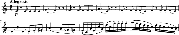 
\relative c' {
    \version "2.18.2"
    \key c \major
    \tempo "Allegretto"
    \tempo 4 = 70
    \time 6/8
    e8\p r  e e e e
    g4. (f8) r r
    f r f f f f
    a4. (e8) r r
    f8-. r f-. f-. f (e)
    f-. r f-. f-. f (e)
    d-. r d-. d-. e-. fis-.
    a4. (g8 fis f)
    e16-! (c g' e c' g) e' (c g') g-. g-. g-. 
    a (g f e d c) e (d c b a g)
}
