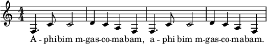 
  \relative f {
  \numericTimeSignature \time 4/4
    f4. c'8 c2
    d4 c a f
    f4. c'8 c2
    d4 c a f
  }
  \addlyrics {
    A -- phi -- bim_m -- gas -- co -- ma -- bam, a -- phi bim_m -- gas -- co -- ma -- bam.
  }
