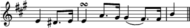 
\language "italiano"
\score {
\relative do' {
  \key la \major
  \partial 2 mi4 red8.[ mi16] | mi4\turn la8.[ sold16] sold4( fad8.[) fad16] | \stemUp si4 \bar "||"
}
\layout {
    \context { \Staff 
               \RemoveEmptyStaves 
               \remove Time_signature_engraver
             }
    indent = 0\cm
    line-width = #120
    \override Score.BarNumber #'stencil = ##f
  }
  \midi { }
}
\header { tagline = ##f}
