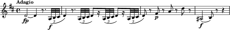 \relative c' { \override Score.NonMusicalPaperColumn #'line-break-permission = ##f \version "2.18.2" \key d \major \tempo "Adagio" \tempo 4 = 45  \override TupletBracket #'direction = #-1  \override TupletBracket #'stencil = ##f  d2~\fp d4 r8. \times 2/3 { a32\f( b cis } |  d4) r8. \times 2/3 { a32( b cis } d8)[ r16 \times 2/3 { a32( b cis] } d8)[ r16    \times 2/3 { a32( b cis] } |  d8) r fis\p r a r d r |  ais,2\f( b8) r r4}